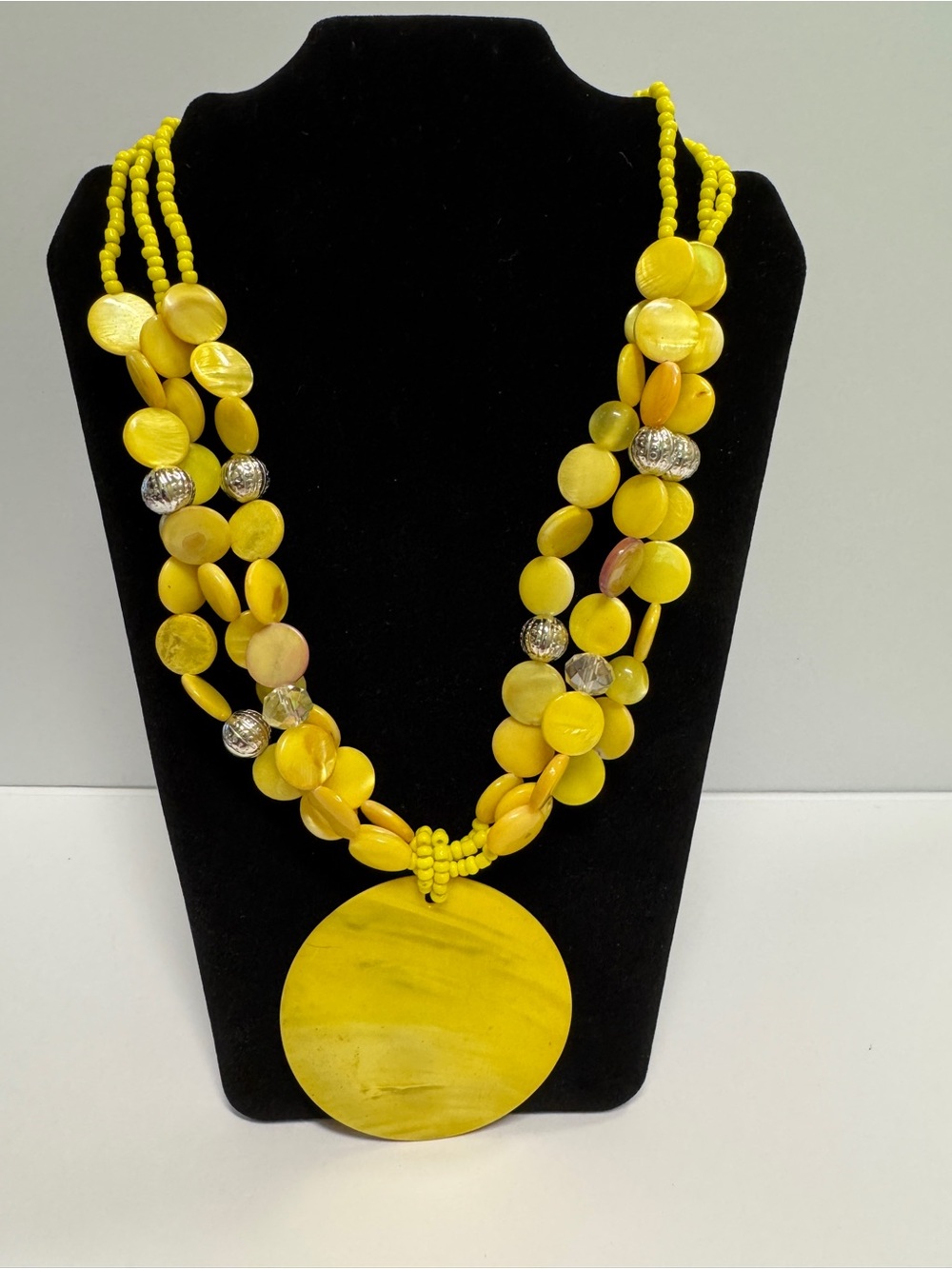 Vibrant Yellow Multi-Strand Statement Necklace with Round Pendant